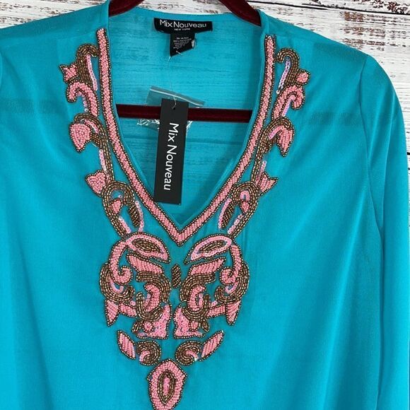 Mix nouveau Tunic Womens size Small chiffon Beaded Boho sequins Aruba Blue New - Picture 4 of 9